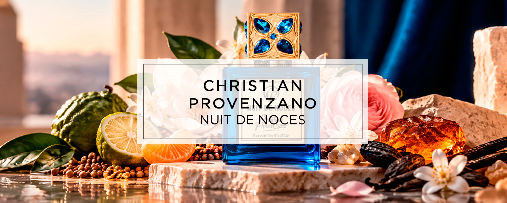 Blauer Parfumflakon „Nuit de Noces“ von Christian Provenzano mit goldverziertem Verschluss, umgeben von weißen und rosafarbenen Blüten, Zitrusfrüchten, Vanilleschoten und Harzen in einer luxuriösen, sonnendurchfluteten Kulisse.
