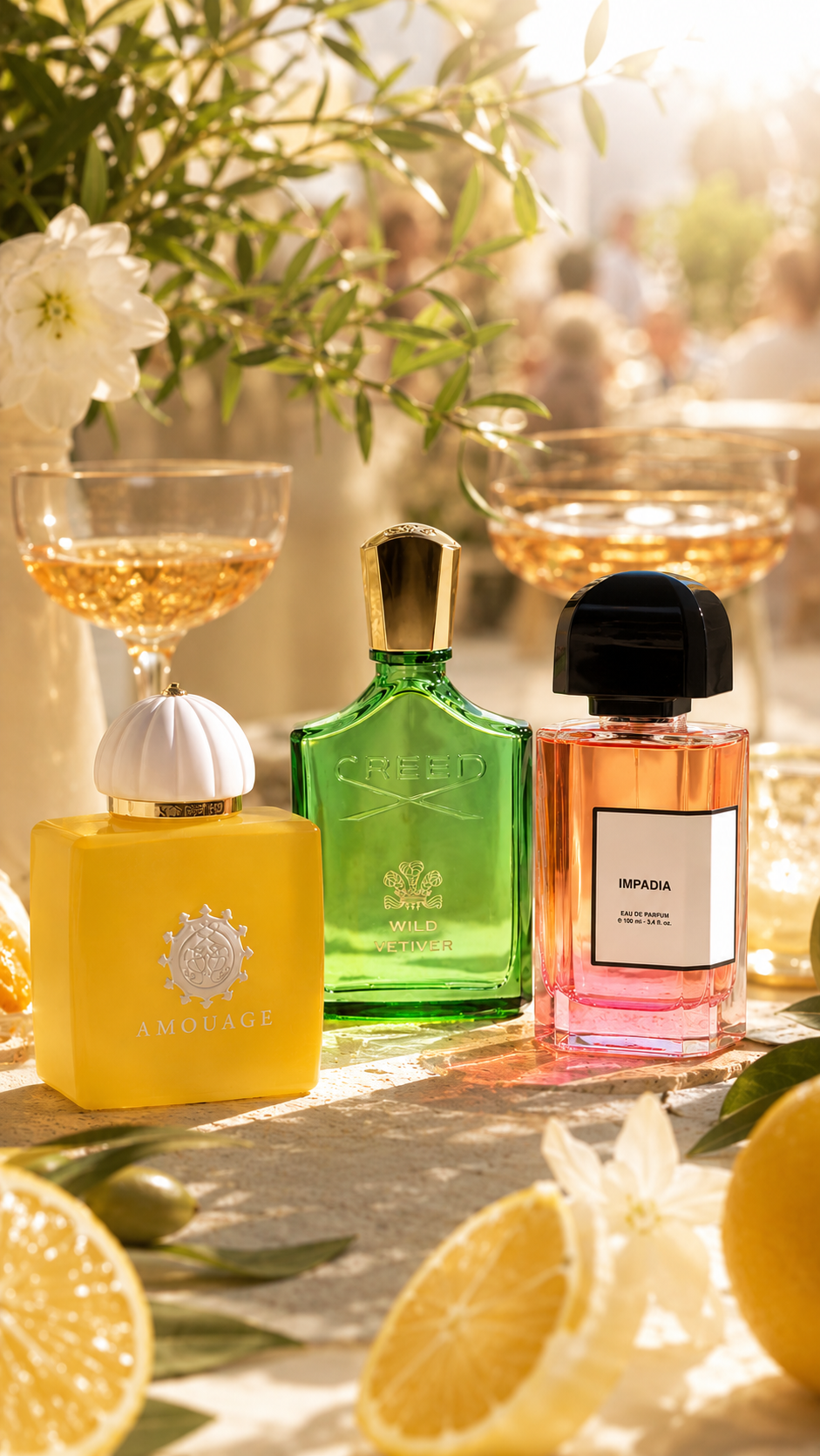 Drei luxuriöse Parfumflakons von Amouage, Creed und Impadia auf einem sonnigen Tischarrangement mit Zitronenscheiben, weißen Blüten und Cocktailgläsern in sommerlicher Atmosphäre.