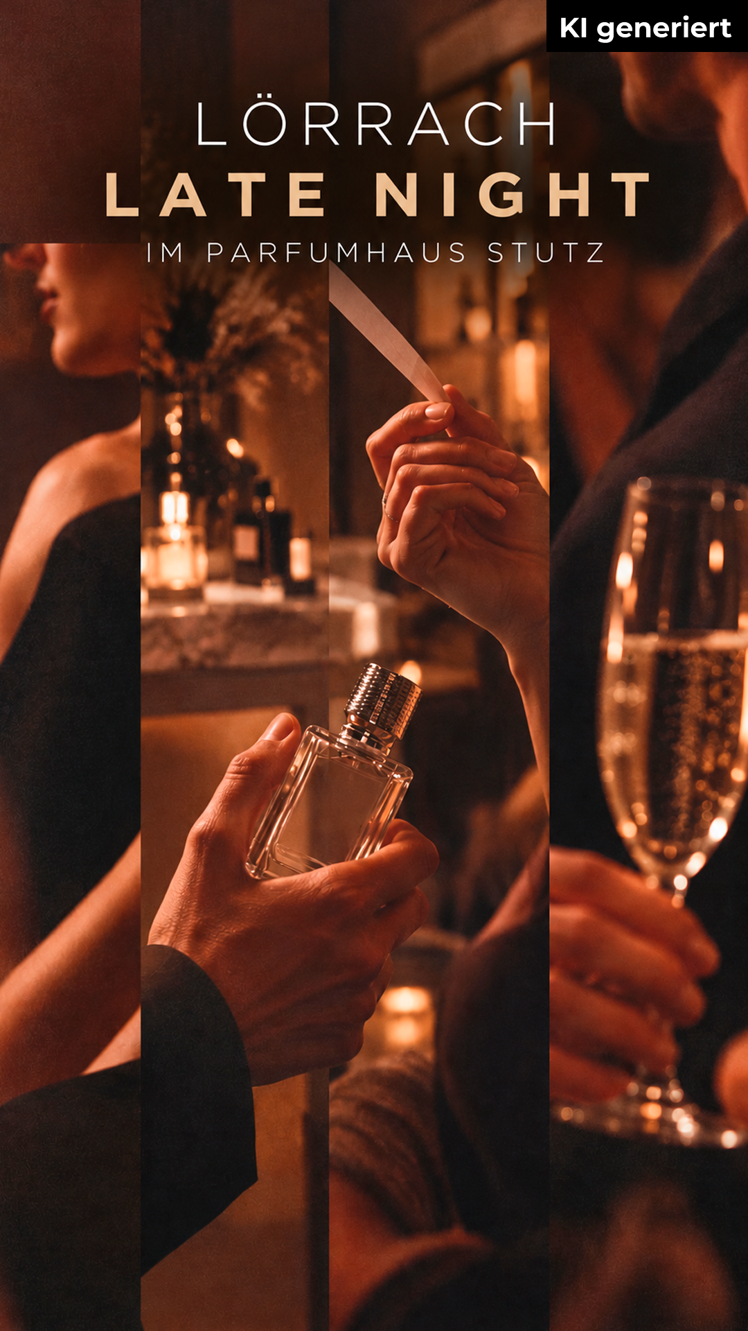Lörrach Late Night im Parfumhaus Stutz: Collage in warmem Kerzenlicht mit einer Frau im schwarzen Kleid, einer Hand mit Duftstreifen, einem Parfumflakon und einem Glas Sekt