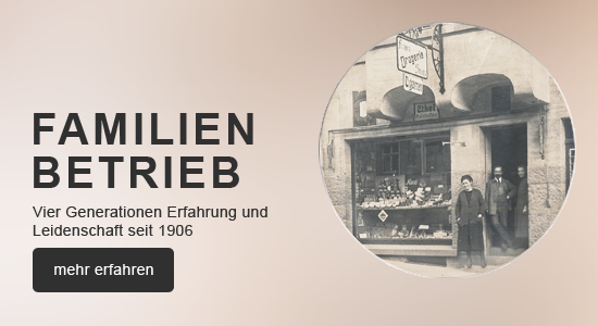 Historische Schwarzweißaufnahme eines Parfümeriegeschäfts mit mehreren Personen vor dem Laden, Symbol für Familienbetrieb mit langer Tradition.