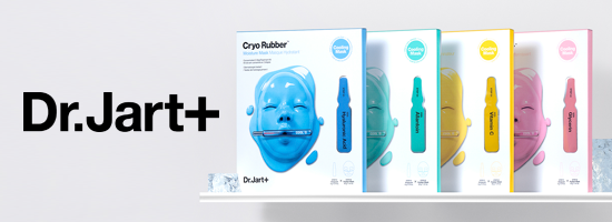 Dr. Jart+ Cryo Rubber Masken in verschiedenen Varianten neben dem Dr. Jart+ Logo
