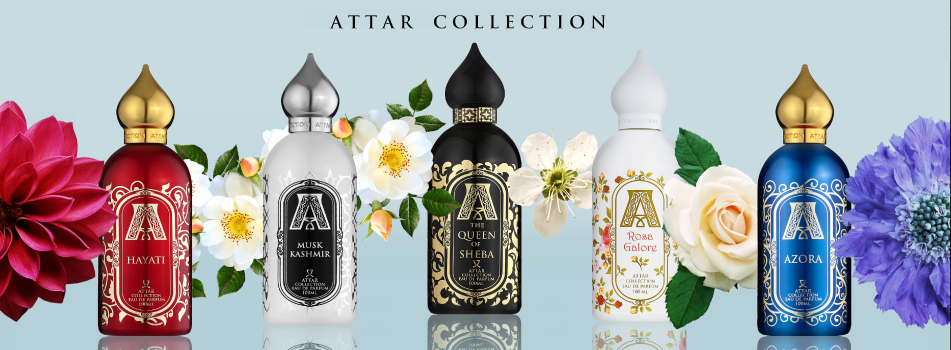 Attar Collection Banner mit fünf orientalischen Parfums: Hayati, Musk Kashmir, Queen of Sheba, Rosa Galore und Azora, dekoriert mit Blumen