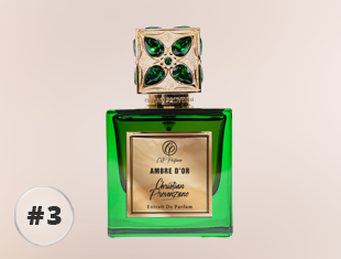 Grüner Parfumflakon von Christian Provenzano Ambre d’Or Extrait de Parfum mit goldfarbenem Etikett und ornamentiertem Verschluss