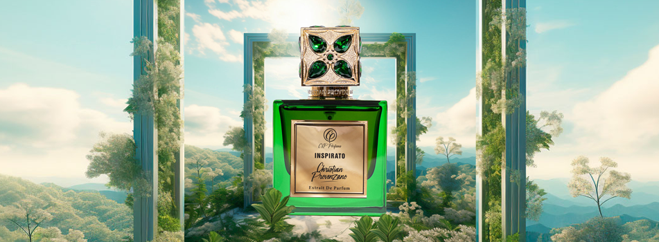 Parfumflakon von Christian Provenzano Inspirato vor einer stilisierten Landschaft mit grünen Pflanzen und architektonischen Rahmen