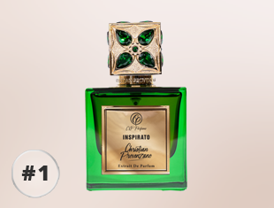 Grüner Parfumflakon von Christian Provenzano Inspirato Extrait de Parfum mit goldfarbenem Etikett und dekorativem Verschluss