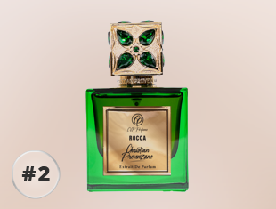 Grüner Parfumflakon von Christian Provenzano Rocca Extrait de Parfum mit goldfarbenem Etikett und verziertem Verschluss