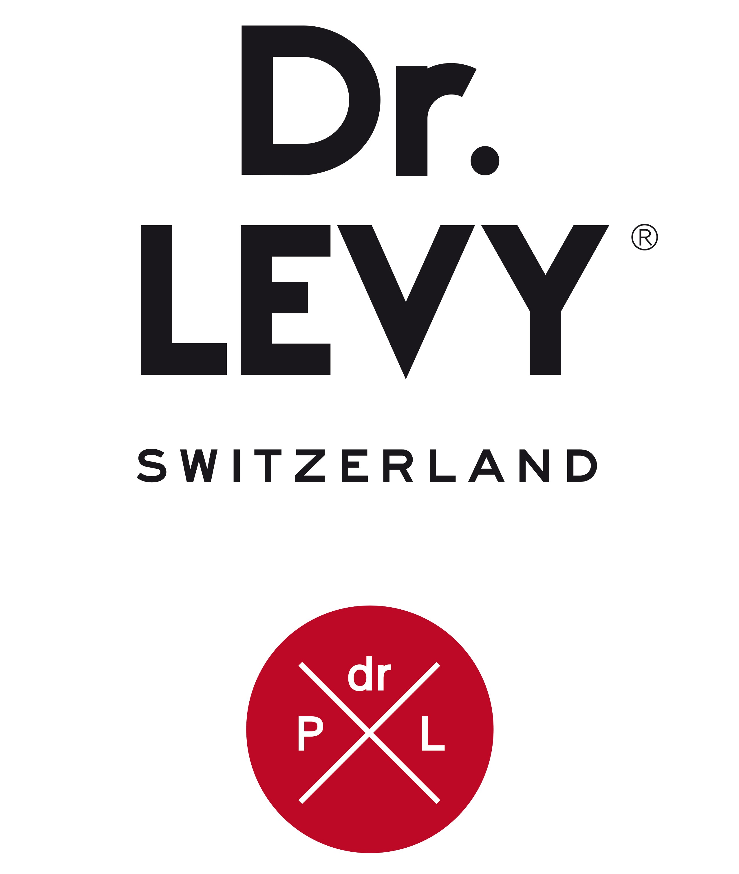 Dr. Levy Switzerland Logo mit schwarzer Typografie und rotem Emblem