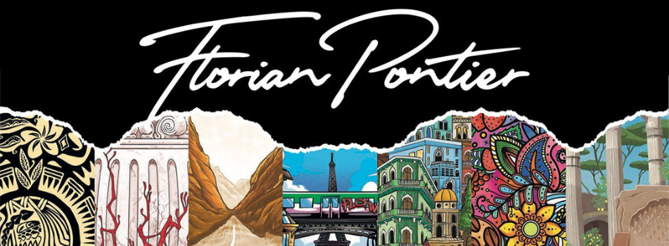 Banner mit dem Schriftzug ‚Florian Pontier‘ in weißer, handschriftlicher Schrift auf schwarzem Hintergrund. Darunter sind verschiedene bunte Illustrationen zu sehen, darunter abstrakte Muster, Landschaften, architektonische Motive und florale Designs.