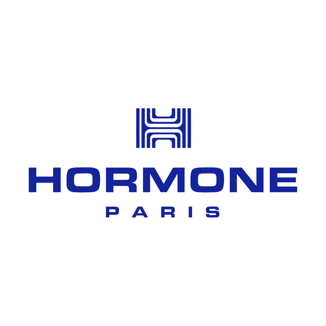 Hormone Paris Logo in Blau mit stilisiertem H-Symbol und Schriftzug auf hellem Hintergrund