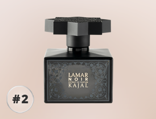 Schwarzer Parfumflakon Lamar Noir von Kajal mit ornamentiertem Etikett und massivem schwarzem Verschluss in geometrischer Form