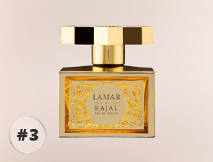 Goldfarbener Parfumflakon Lamar von Kajal mit rechteckiger Form, goldfarbenem Etikett und passendem geometrischem Verschluss