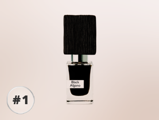 Nasomatto Black Afgano Parfumflakon aus klarem Glas mit schwarzem Duft und schwarzem, strukturiertem Holzverschluss vor hellem Hintergrund