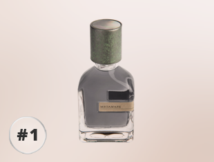 Orto Parisi Megamare Parfumflakon aus klarem Glas mit grauem Duft und grünlich-grauem, zylindrischem Verschluss vor hellem Hintergrund