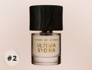 Parfumflakon Ultima Storia von Thomas de Monaco mit hellem Duftöl und dunklem Holzverschluss