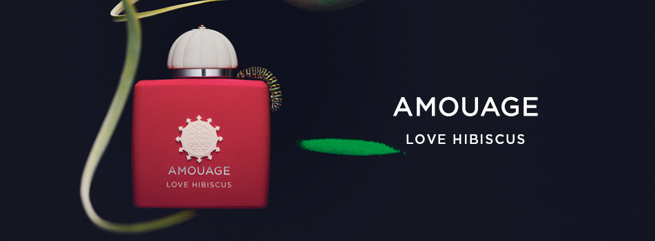 „Amouage Love Hibiscus Banner: Der ikonische rote Flakon mit weißer Verschlusskappe, umspielt von grünen Akzenten.