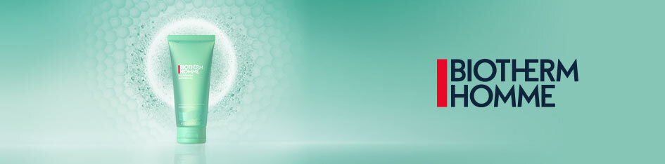 Werbung für Biotherm Homme Körperpflege. Eine mintgrüne Tube steht im Zentrum vor einem leuchtenden, kreisförmigen Hintergrund aus hexagonalen Strukturen. Rechts befindet sich das Biotherm Homme Logo mit rotem Akzent auf mintgrünem Hintergrund.