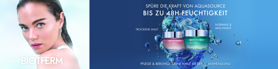 Werbung für Biotherm Aquasource Feuchtigkeitspflege. Links ein Model mit heller Haut und türkisfarbenen Augen vor hellem Hintergrund. Rechts zwei Tiegel: rosa für trockene Haut und grün für normale & Mischhaut, mit dem Text: 'Spüre die Kraft von Aquasource – bis zu 48h Feuchtigkeit'. Der Hintergrund zeigt Wasserblasen und eine stilisierte Wassertextur.