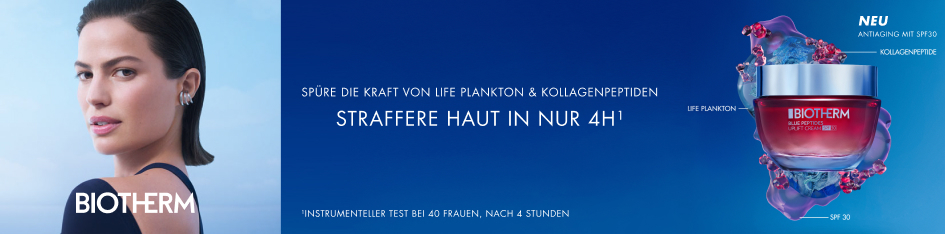 Werbung für Biotherm Life Plankton Anti-Aging-Creme mit SPF 30. Links eine Frau mit glatter Haut und elegantem Look vor hellem Hintergrund. Rechts ein rosafarbener Cremetiegel umgeben von Wassertexturen. Text: 'Straffere Haut in nur 4h' und 'Spüre die Kraft von Life Plankton & Kollagenpeptiden'.