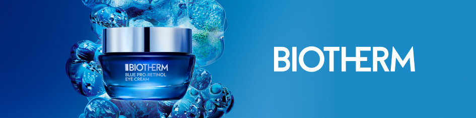 Werbung für Biotherm Blue Pro-Retinol Eye Cream. Der dunkelblaue Tiegel mit silbernem Deckel ist von schimmernden blauen Blasen umgeben. Rechts im Bild steht der Markenname 'Biotherm' auf blauem Hintergrund.