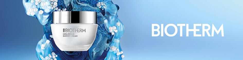 Werbung für Biotherm Cera Repair Barrier Cream. Ein weißer Cremetiegel mit silbernem Deckel steht vor einem Hintergrund aus blauen Wasser- und Textur-Elementen. Rechts daneben ist das Biotherm-Logo auf hellblauem Verlauf zu sehen.