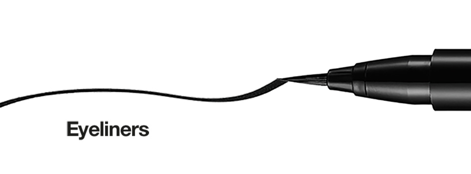 Schwarzer Eyeliner-Stift zieht eine geschwungene Linie auf weißem Hintergrund. Links unten steht der Text 'Eyeliners'.