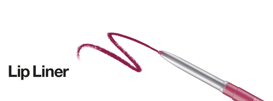 Ein pinkfarbener Lip Liner zeichnet zwei geschwungene Linien auf weißem Hintergrund. Links im Bild steht der Text 'Lip Liner' in schwarzer Schrift.