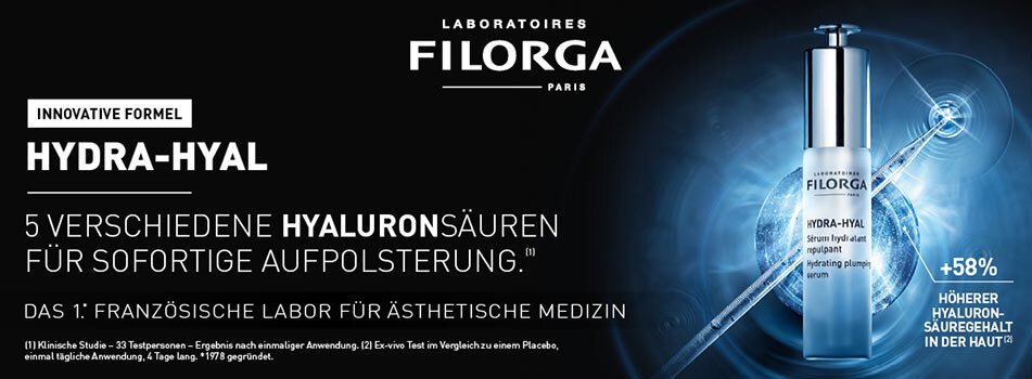 Filorga Hydra-Hyal Serum mit Pipette vor leuchtend blauem Hintergrund. Text links: Innovative Formel Hydra-Hyal – 5 verschiedene Hyaluronsäuren für sofortige Aufpolsterung. Rechts: +58 % höherer Hyaluronsäuregehalt in der Haut.