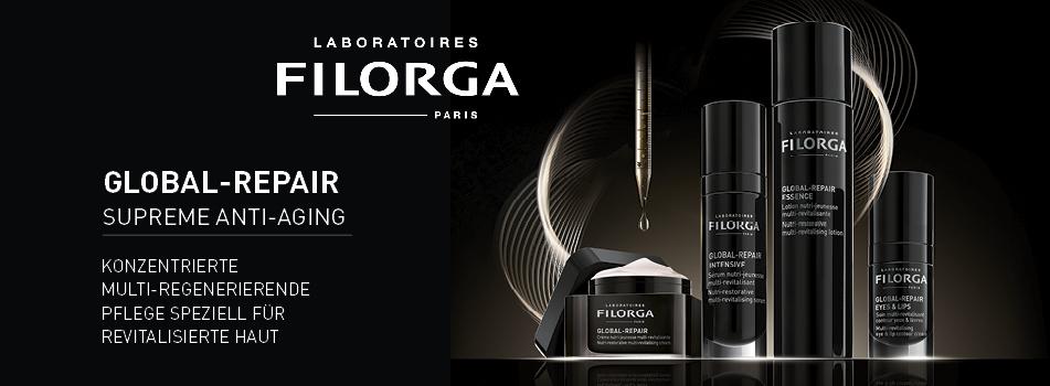 Filorga Global-Repair Supreme Anti-Aging Pflegeserie vor elegantem, dunklem Hintergrund mit goldenen Akzenten. Vier schwarze Produktverpackungen und ein Tropfer mit goldener Flüssigkeit sind zu sehen. Links im Bild steht: Global-Repair – Supreme Anti-Aging. Konzentrierte, multi-regenerierende Pflege speziell für revitalisierte Haut.