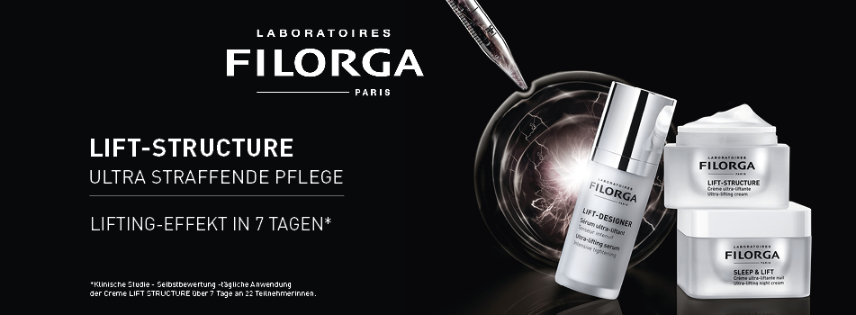 Filorga Lift-Structure ultra straffende Pflegeprodukte vor schwarzem Hintergrund mit weißem Lichtkreis und Pipette. Drei Produkte sind abgebildet: ein Serum und zwei Cremes. Links im Bild steht: Lift-Structure – Ultra straffende Pflege. Lifting-Effekt in 7 Tagen.