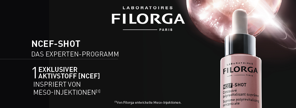 Werbung für Filorga NCEF-SHOT Serum. Links der Text: 'Das Experten-Programm – 1 exklusiver Aktivstoff [NCEF], inspiriert von Meso-Injektionen'. Rechts ist das Produkt mit Pipette vor einem glänzenden, rosa-leuchtenden Hintergrund dargestellt.