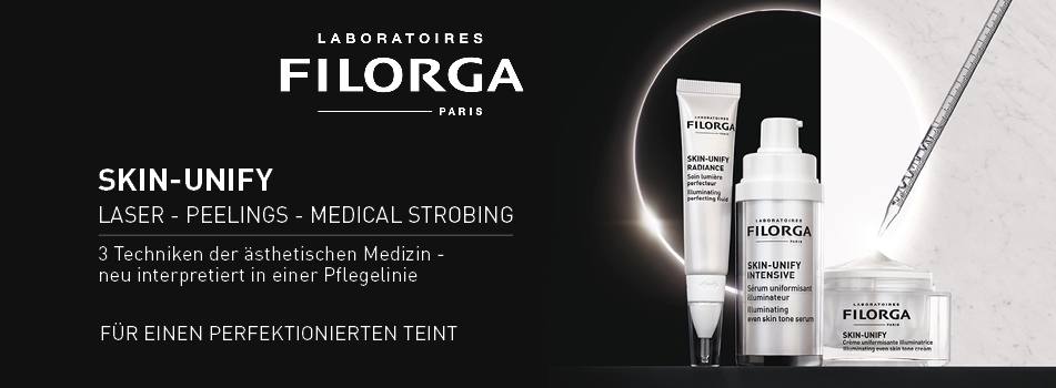 Filorga Skin-Unify Pflegelinie mit drei Produkten: Augenpflege, Serum und Creme. Rechts eine Pipette mit Serum-Tropfen, im Hintergrund ein heller Lichtkreis. Links Text: Skin-Unify – Laser, Peelings, Medical Strobing – 3 Techniken der ästhetischen Medizin neu interpretiert für einen perfektionierten Teint.
