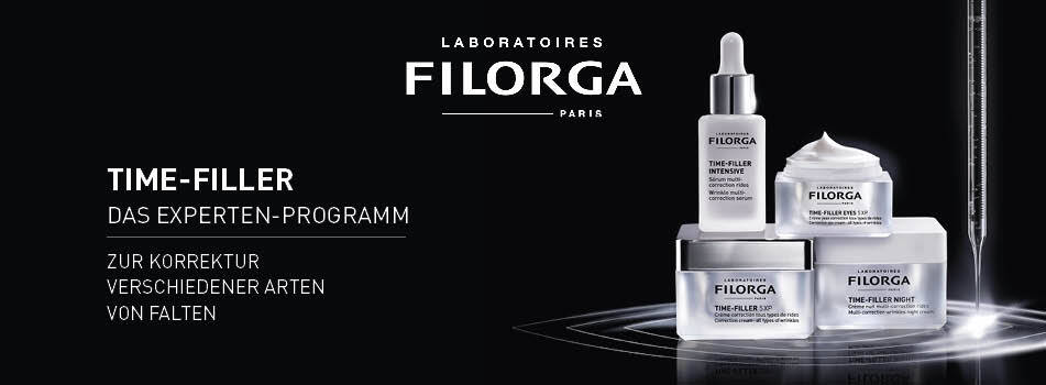 Filorga Time-Filler Produkte, darunter Serum, Tagescreme, Nachtcreme und Augencreme auf leuchtender Fläche. Links im Bild Text: Time-Filler – Das Experten-Programm zur Korrektur verschiedener Arten von Falten.
