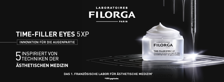 Werbung für Filorga Time-Filler Eyes 5XP. Links Text: 'Innovation für die Augenpartie – 5 inspiriert von Techniken der ästhetischen Medizin'. Rechts eine geöffnete Creme-Dose mit Produkt vor schwarzem Hightech-Hintergrund mit Pipetten und leuchtenden Linien.