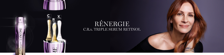 Lancôme Rénergie C.R.x. Triple Serum Retinol in violett-goldener Verpackung, daneben eine Frau mit offenem Haar vor dunklem Hintergrund.