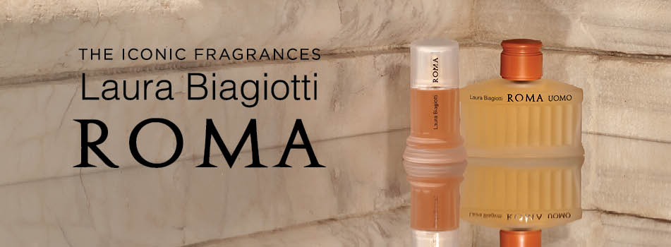 Zwei Laura-Biagiotti-ROMA-Düfte vor einer Marmorwand: links der ROMA-Damenduft in zylindrischem Flakon, rechts der ROMA Uomo Herrenduft im geriffelten Flakon.