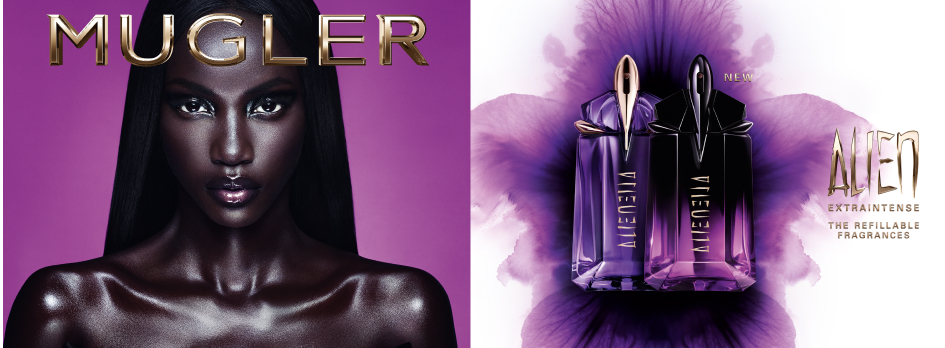 Werbebild für das Parfum 'Alien Extraintense' von Mugler. Links ist eine Frau mit glänzender, dunkler Haut und langen schwarzen Haaren vor einem violetten Hintergrund zu sehen, darüber steht 'MUGLER' in goldenen Buchstaben. Rechts befinden sich zwei auffällige Parfumflakons in Lila- und Violetttönen vor einer abstrakten violetten Blütenform. Daneben der Text: 'ALIEN EXTRAINTENSE – THE REFILLABLE FRAGRANCES'.