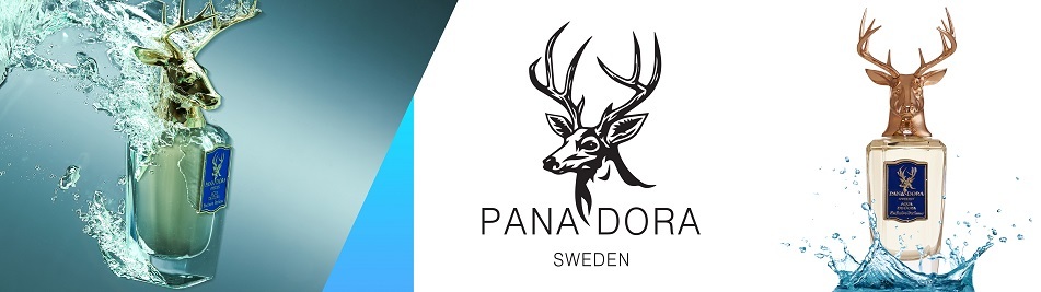 Werbung für PANADORA Sweden: Links eine goldene Parfumflasche mit Hirschkopf-Verschluss, die von Wasser umgeben ist. In der Mitte das Markenlogo mit stilisiertem Hirschkopf und der Schriftzug 'PANADORA SWEDEN'. Rechts eine Nahaufnahme der gleichen Parfumflasche, stehend auf einer Wasserfläche.