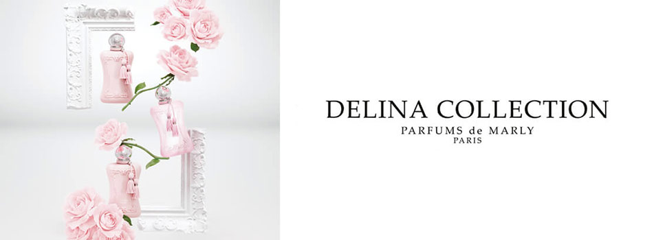 Werbung für die Delina Collection von Parfums de Marly Paris: Links im Bild mehrere rosa Parfumflaschen mit verschnörkeltem Design, eingerahmt von weißen Bilderrahmen und umgeben von rosa Rosen. Rechts steht der Schriftzug 'DELINA COLLECTION – PARFUMS de MARLY PARIS' auf weißem Hintergrund.